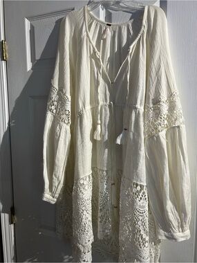 Free People Cream Crochet Hem Gauze Tunic Top